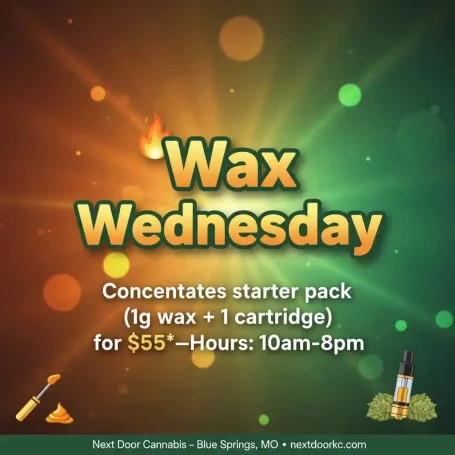Promotional graphic for "Wax Wednesday" offering a starter pack for $55. Hours: 10am-8pm.