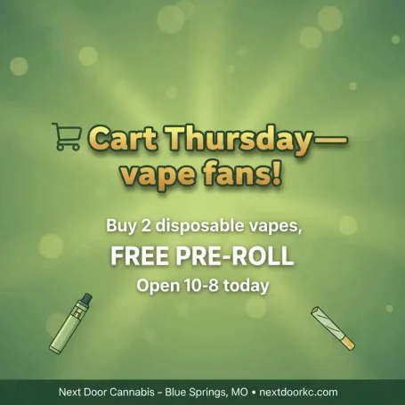 Promotion for vape fans: Buy 2 disposable vapes, get a free pre-roll. Open 10-8.