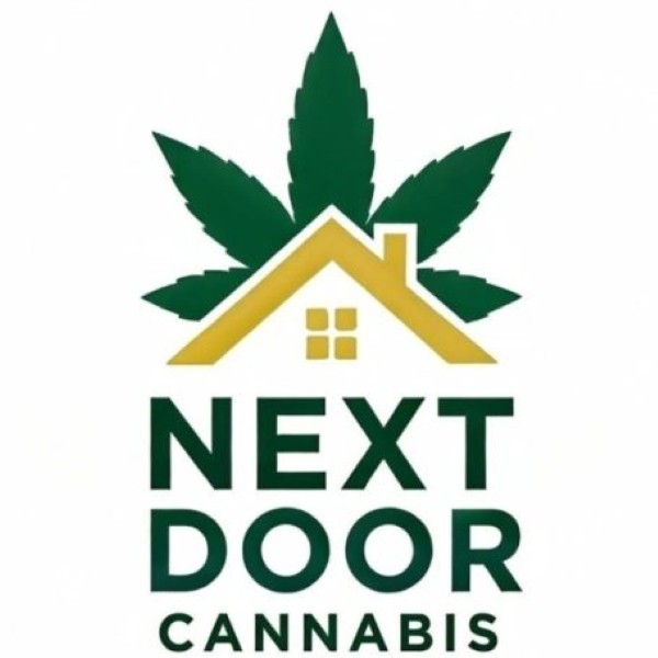 <img alt="Next Door Cannabis dispensary logo with marijuana leaf and house icon">